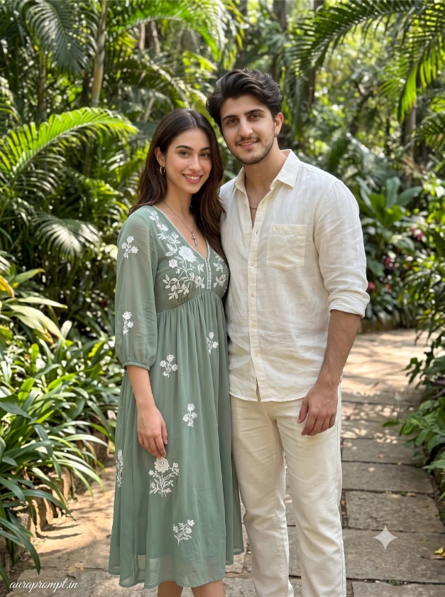 Indian couple in matching sage green and ivory outfits standing in a sunlit botanical garden using a couple ChatGPT photo editing prompt