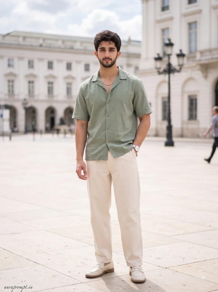 Gemini AI photo editing prompts for men result showing a man in a sage green camp collar shirt and cream wide-leg trousers in a city plaza at soft daylight