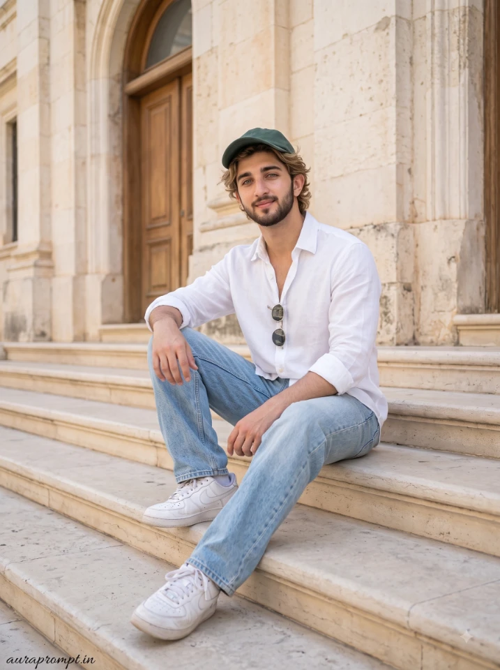 Gemini AI prompts for men result showing a man in a white linen shirt and washed baggy jeans on limestone building steps in midday sun