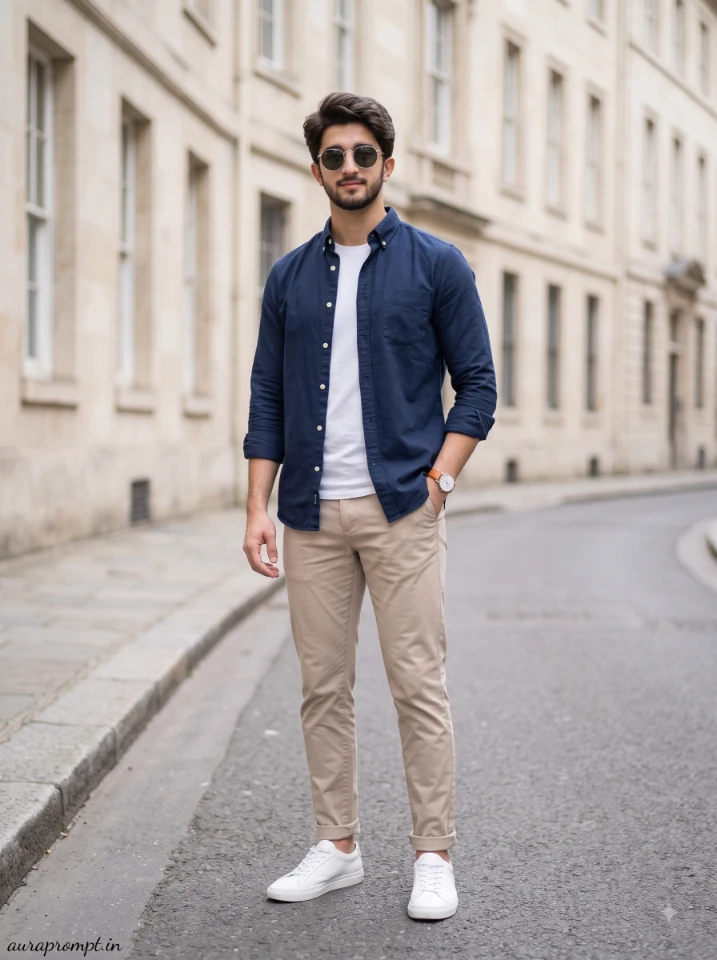 Google Gemini photo prompt output of a man in a navy oxford shirt and beige chinos on a quiet European stone street with shallow depth of field