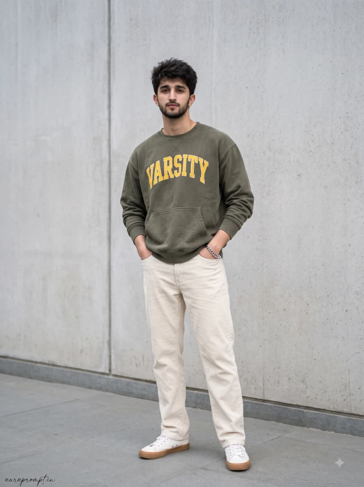 Gemini AI photo prompt result showing a man in a faded dark olive varsity sweatshirt standing against a concrete wall with flat overcast daylight