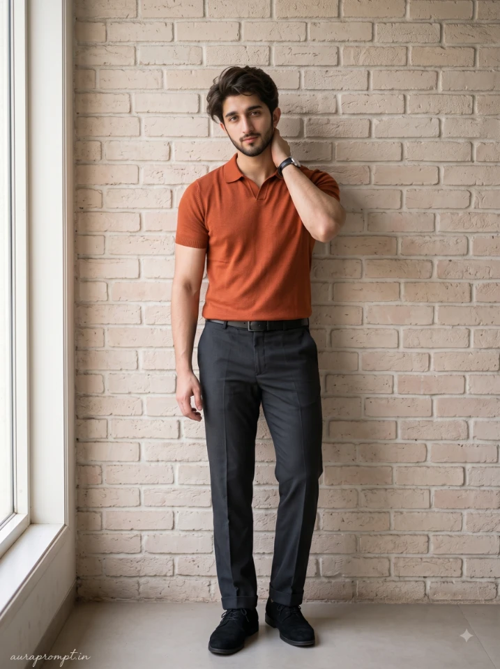 Gemini AI photo prompt for men showing a man in a rust-orange knit polo and dark charcoal straight-leg trousers leaning against a smooth pale brick wall with soft window light and shallow depth of field