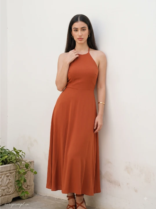 Realistic female portrait prompt showing a woman in a rust-orange halter maxi dress leaning against a whitewashed courtyard wall looking at camera