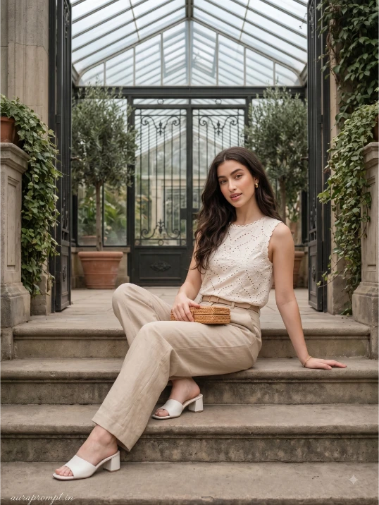 Gemini AI summer photo prompt featuring a woman in striped cotton separates sitting sideways on stone steps at a botanical garden entrance