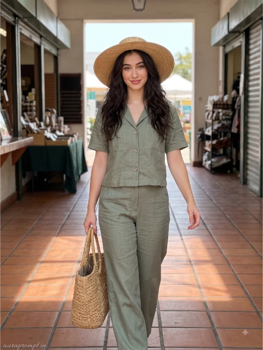 Gemini AI fashion prompt for women showing a woman in soft sage utility linen set carrying a woven tote along a sunlit open-air market corridor