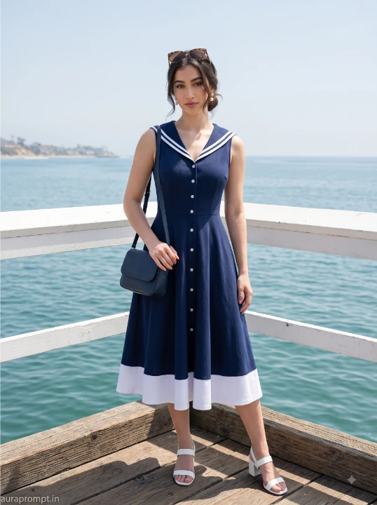 Pinterest summer aesthetic women prompt showing a woman in navy and white nautical midi dress standing at an ocean pier looking into the camera