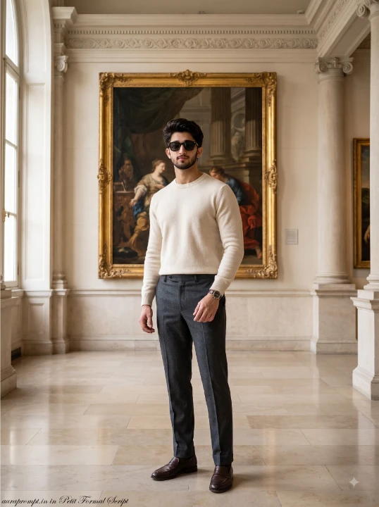 Boy in cream cashmere crewneck and charcoal trousers standing before a Renaissance painting in a neoclassical museum gallery, quiet luxury gemini ai photo editing prompts for boys