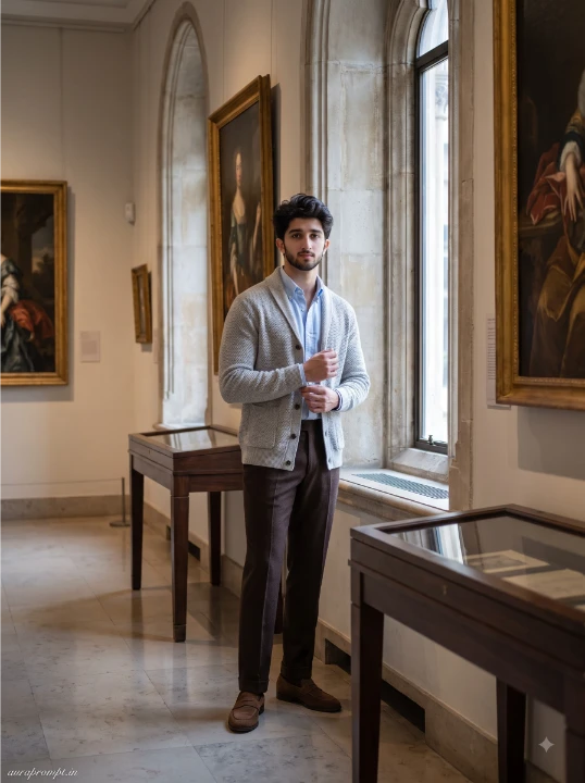 Young man in light gray cardigan and pale blue Oxford shirt beside a tall arched museum window with dark wood cabinetry, classic art gallery portrait