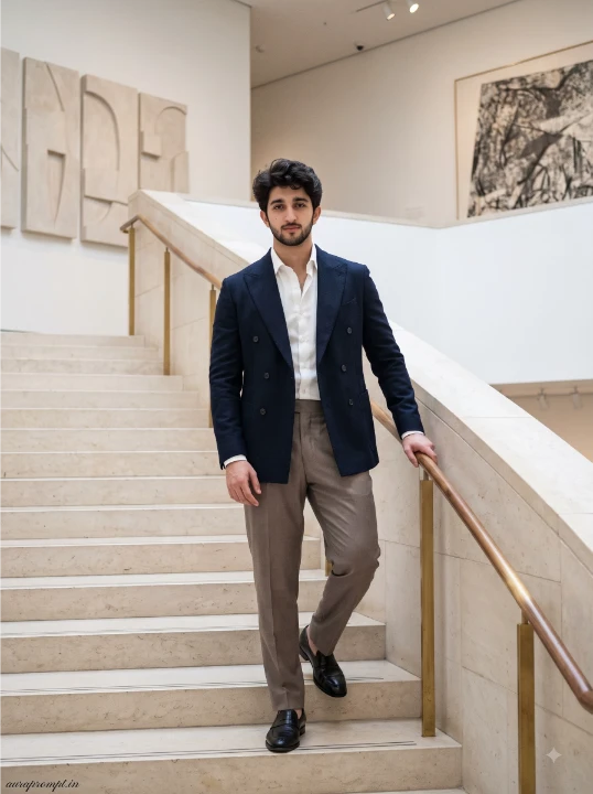Boy in midnight navy double breasted blazer standing midway on a pale stone museum staircase with brass railing, photorealistic male portrait prompt