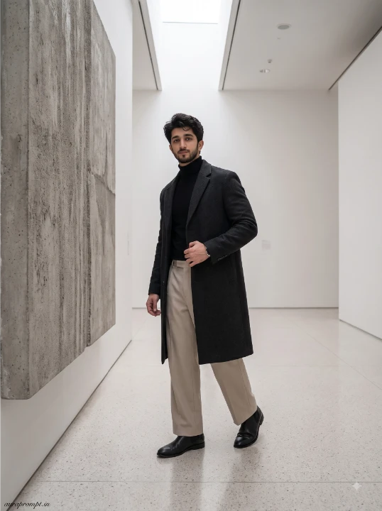 Boy in black merino turtleneck and wide beige trousers walking through a minimalist white museum gallery beside a concrete artwork, editorial museum photography prompt