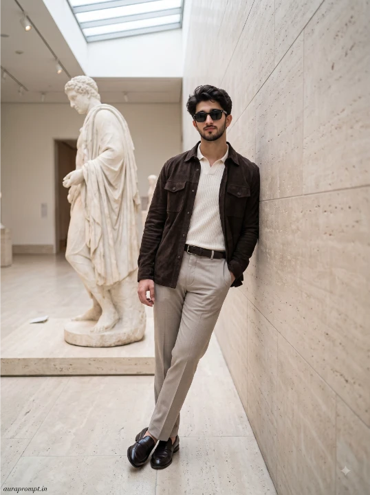 Young man in espresso brown suede overshirt seated on a museum bench beside a monumental white marble sculpture, luxury portrait prompt editorial result