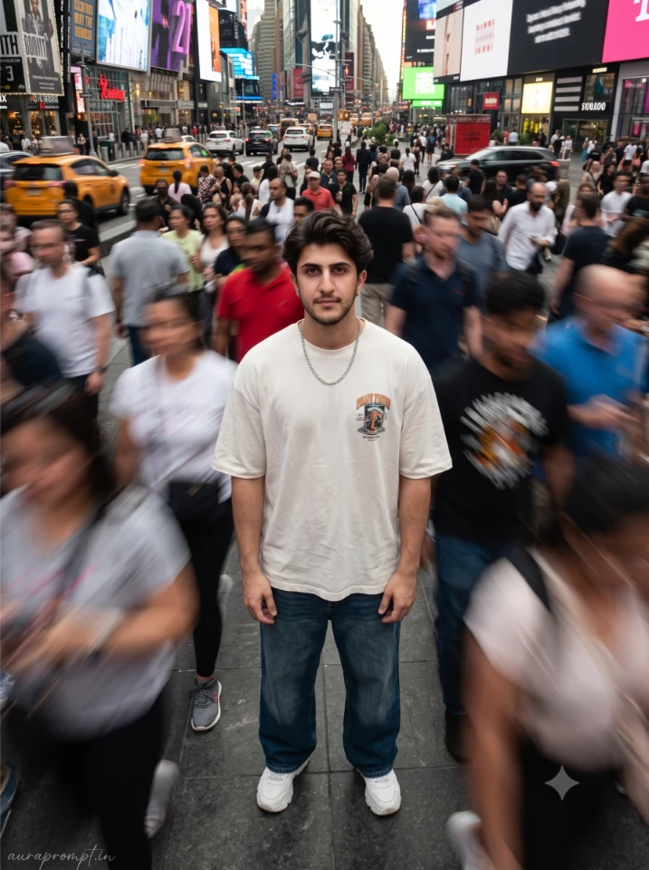 Realistic male photo prompt output of Indian man in baggy streetwear standing in Times Square urban crowd with motion blur effect