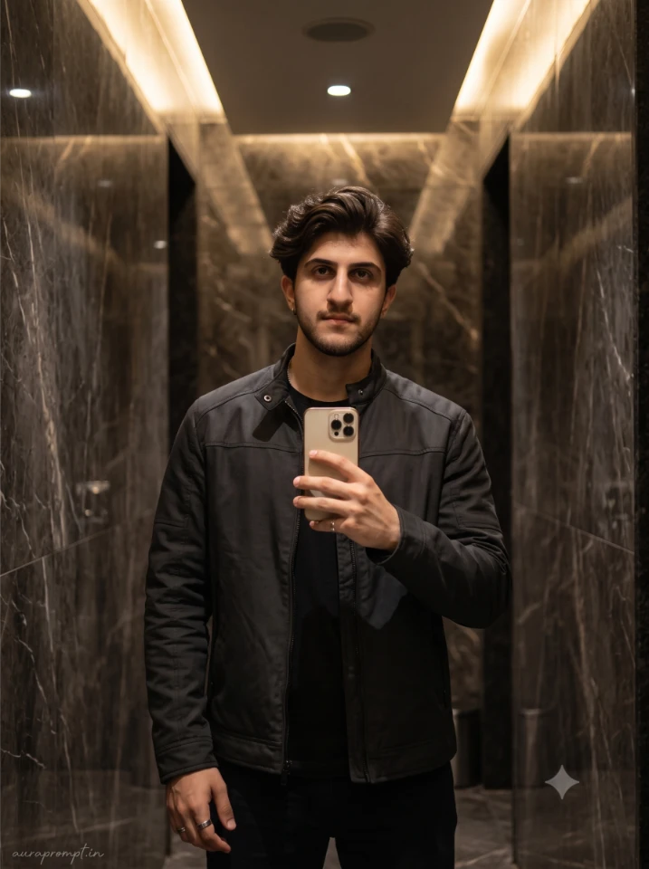 Copy paste gemini prompt for men result showing luxury bathroom mirror portrait with dark marble walls and moody cinematic lighting