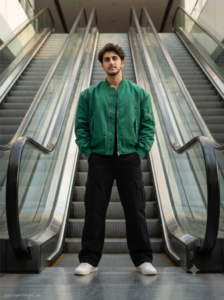 Trending instagram prompt for men showing young man in emerald bomber jacket on modern escalator with strong architectural lines