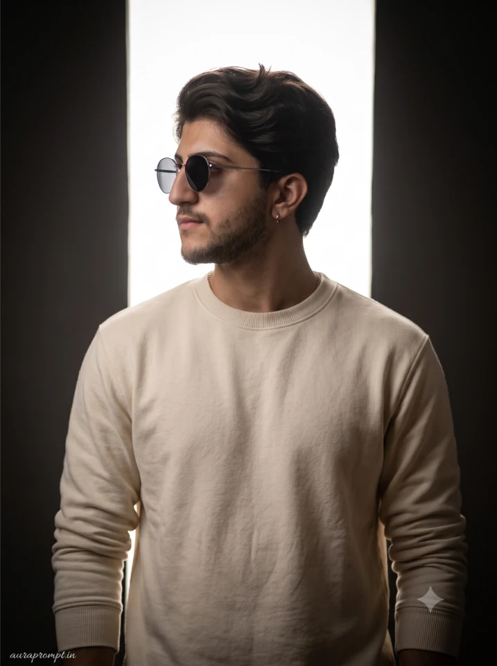 Instagram AI photo prompt for men generating a side-profile studio portrait with dramatic backlight and cream crewneck outfit