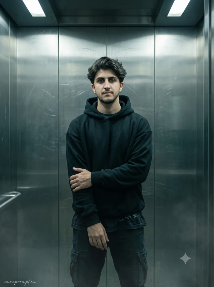 Gemini prompt for men result showing Indian male in oversized black hoodie inside industrial elevator with teal cinematic color grade