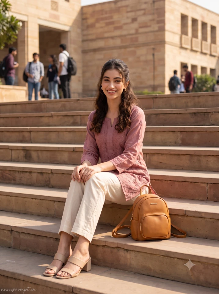 Stylish college girl AI photo in dusty rose chikankari short kurti with straight-fit trousers sitting on campus steps looking into camera, mini backpack beside her