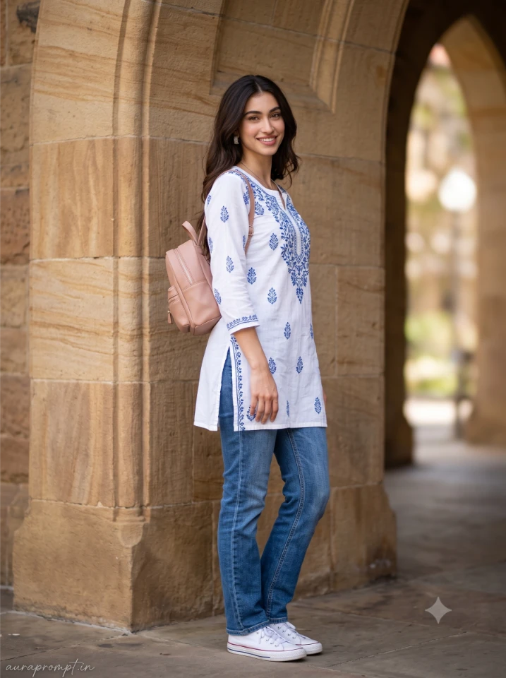 Gemini AI girls prompt result showing Indian college girl in white printed short kurti and blue jeans leaning against sandstone campus arch, mini backpack, direct camera gaze