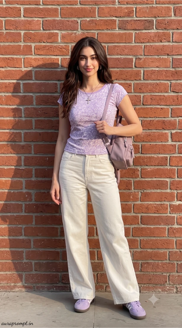 College outfit prompt output featuring Indian girl in lavender printed co-ord top with relaxed denims posed against textured brick campus wall, mini backpack, confident camera look