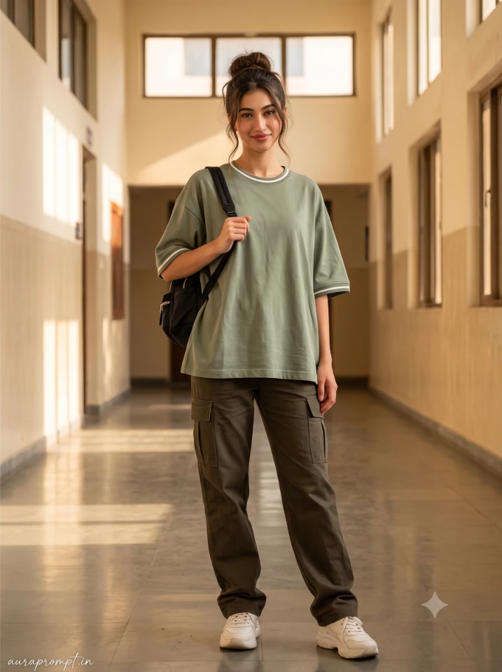 College girl photo prompt output featuring Indian girl in sage green oversized varsity tee and cargo pants standing on sunlit campus corridor, mini backpack slung on one shoulder