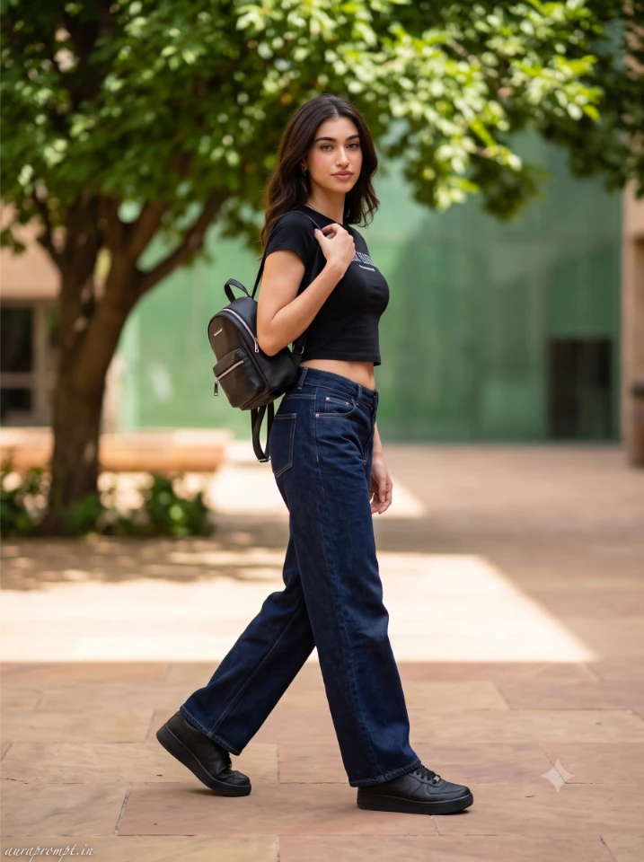 Gemini AI girl prompt result showing Indian college girl in black graphic crop tee and wide-leg jeans walking through open campus courtyard with mini leather backpack