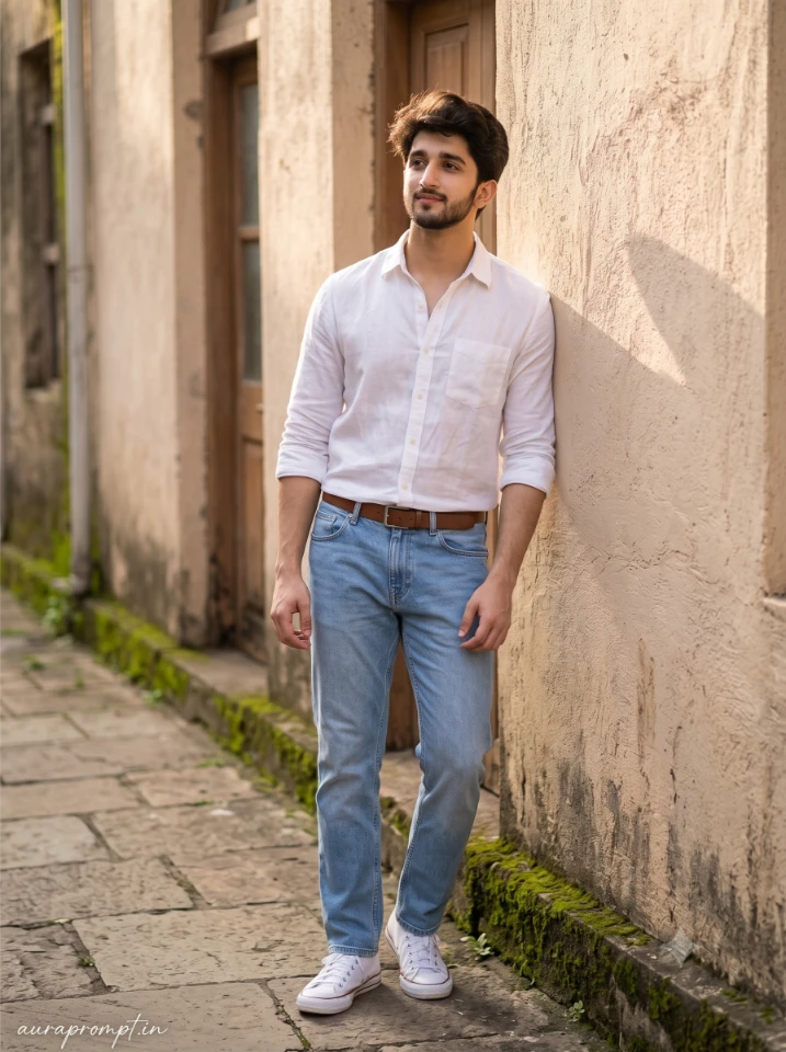Instagram boy photo editing prompt result showing Indian boy in white linen shirt leaning against an old stone wall in soft morning light