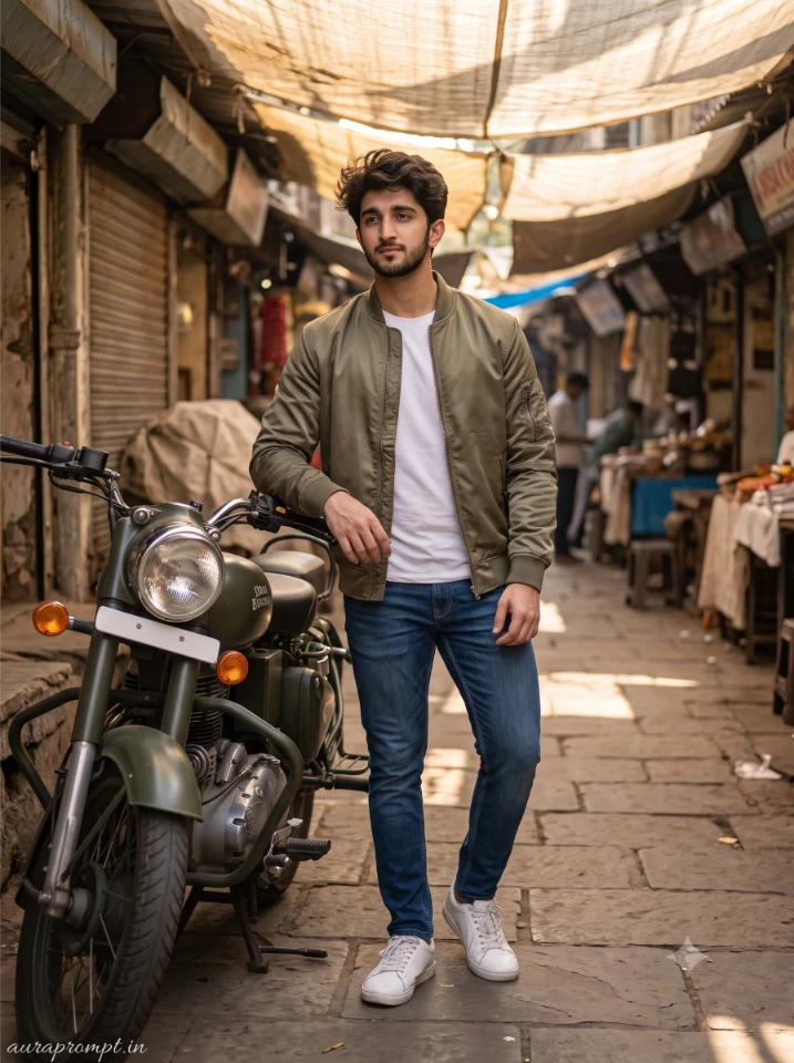 Instagram boy AI photo prompt result featuring a young Indian man in a khaki bomber jacket and white tee standing beside a parked motorcycle in an old market lane