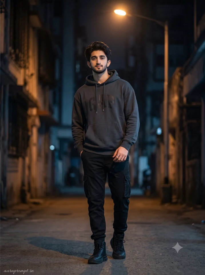 Boy photo editing prompt 2026 output featuring Indian boy in black oversized hoodie and slim cargo pants under a warm amber streetlight at night