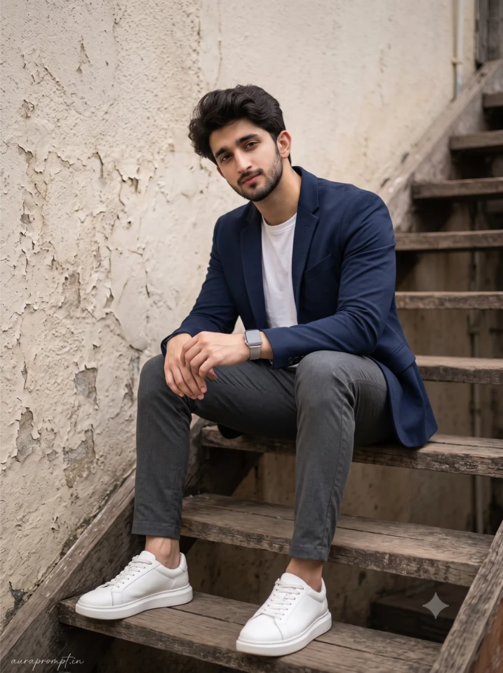 Viral instagram boy prompt result showing a young Indian man in a structured navy blazer seated on wooden steps with dramatic side lighting