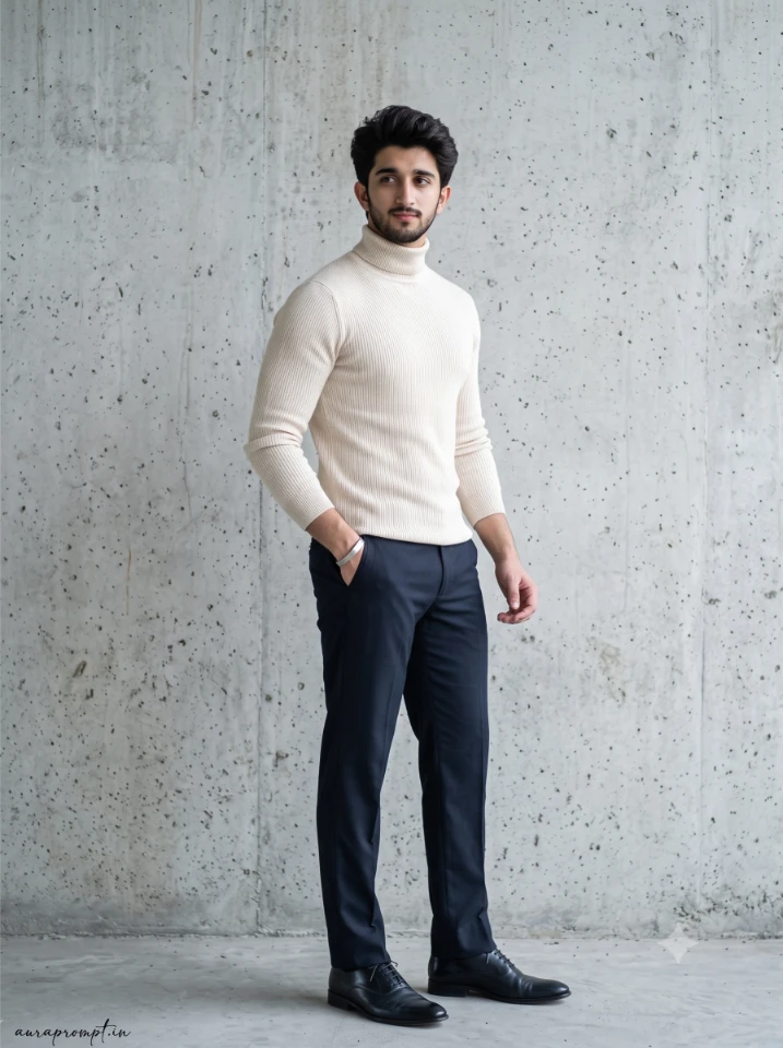 Gemini AI boy photo editing prompt output of Indian boy in a cream turtle neck and dark denim standing against a pale concrete wall in diffused daylight