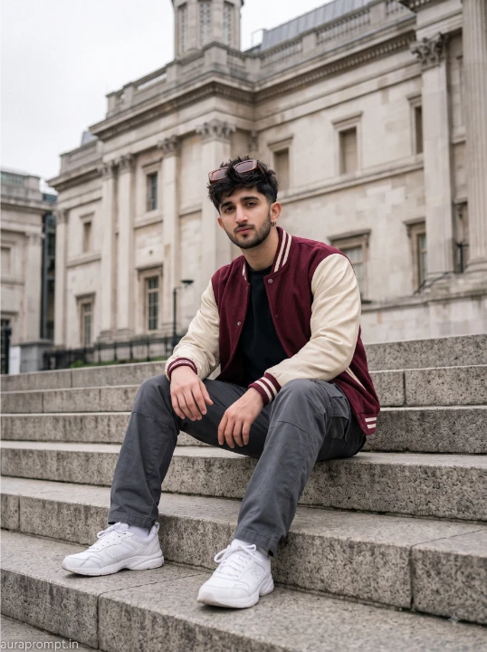 Stylish boy AI photo prompt result with Indian man in black varsity jacket and dark cargo pants sitting on concrete museum steps in London