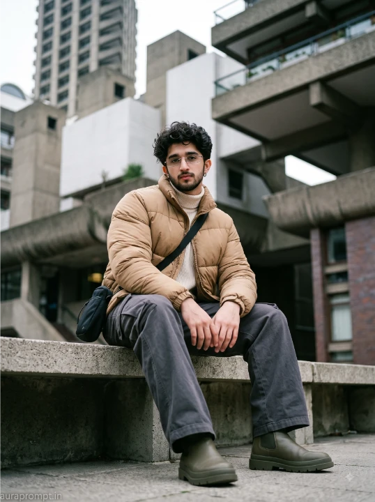 Gemini AI photo prompts for boys 2026 result showing Indian man in caramel puffer jacket and wide leg charcoal cargo trousers sitting on Barbican Centre brutalist concrete ledge in London with 35mm film grain aesthetic