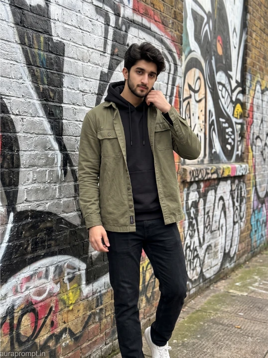 Gen Z trending Gemini prompt for boys showing young Indian man in oversized black hoodie layered under open olive green nylon utility overshirt standing against Shoreditch graffiti brick wall with flat overcast daylight