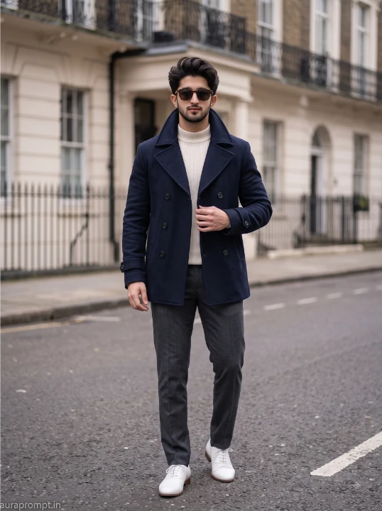London street style AI photo prompt output showing boy in tailored beige trench coat standing near a red phone box with overcast diffused daylight