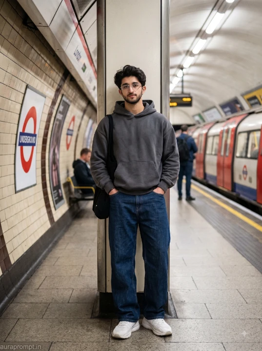 Gemini AI photo editing prompt 2026 result featuring young man in oversized charcoal hoodie and wide leg indigo denim at a London underground platform