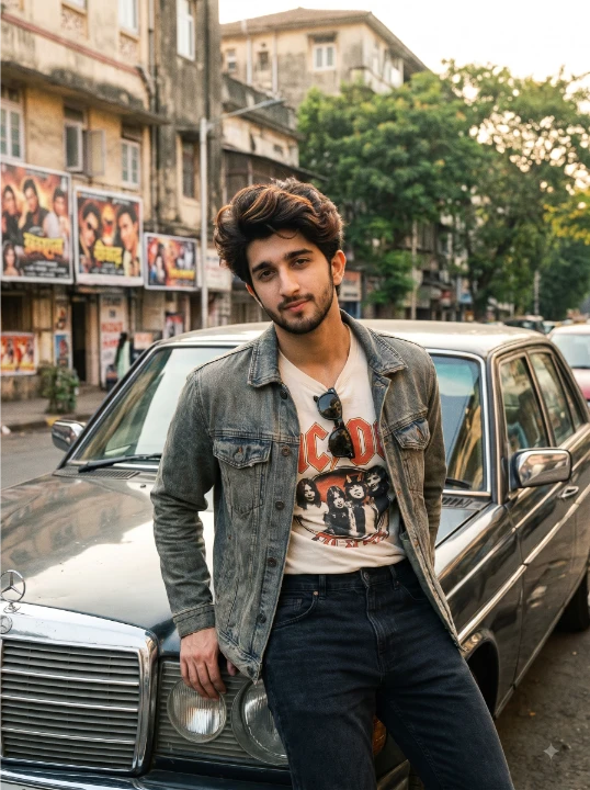 Indian man in authentic late 1980s analog film style 80s photo prompt wearing a washed denim jacket over an AC DC graphic tee leaning against a classic Mercedes W123