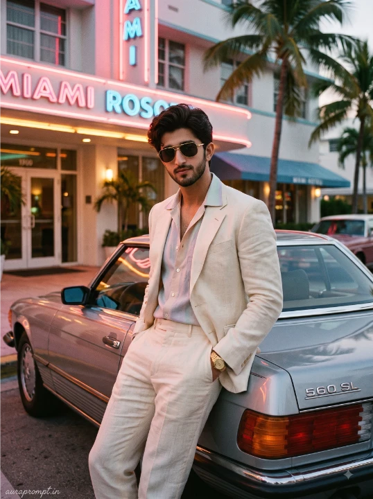 Luxury Miami 1980s AI photo prompt of a stylish man in cream linen suit standing beside a silver vintage sports car outside a neon lit hotel at evening
