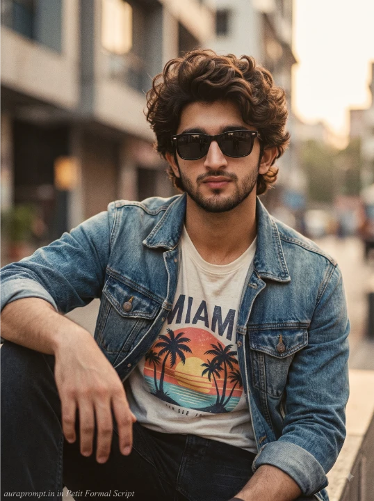 AI generated 80s look prompt showing a man with curly voluminous hair in a Miami graphic tee and denim jacket sitting outdoors in warm golden light