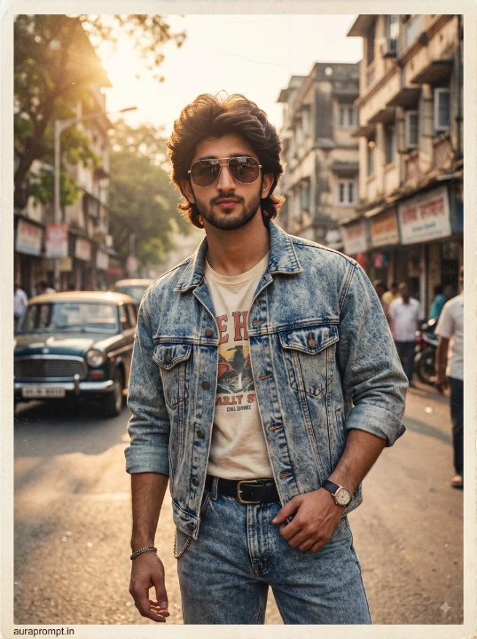 Double denim 1980s street fashion AI photo prompt of a man in stone washed acid washed trucker jacket and high waisted jeans with huge feathered hair in Indian outdoor setting