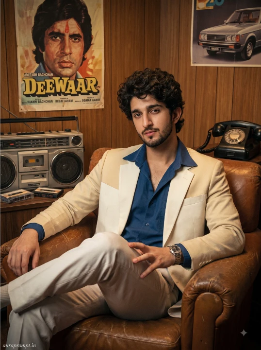 Retro 1980s Bollywood portrait AI photo prompt of a man in cream blazer and black rectangular sunglasses seated in a vintage leather armchair with old film grain