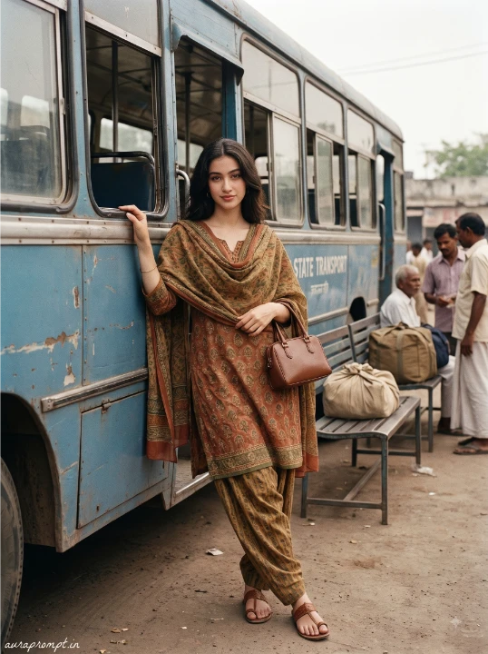 Retro AI photo editing prompt of a woman in a printed salwar suit leaning against a vintage bus window at an authentic 1987 Indian bus station