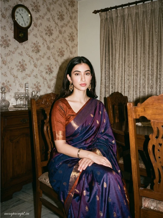 80s style photo prompt showing a woman in an elegant silk saree seated on a carved wooden chair inside a classic Indian dining room