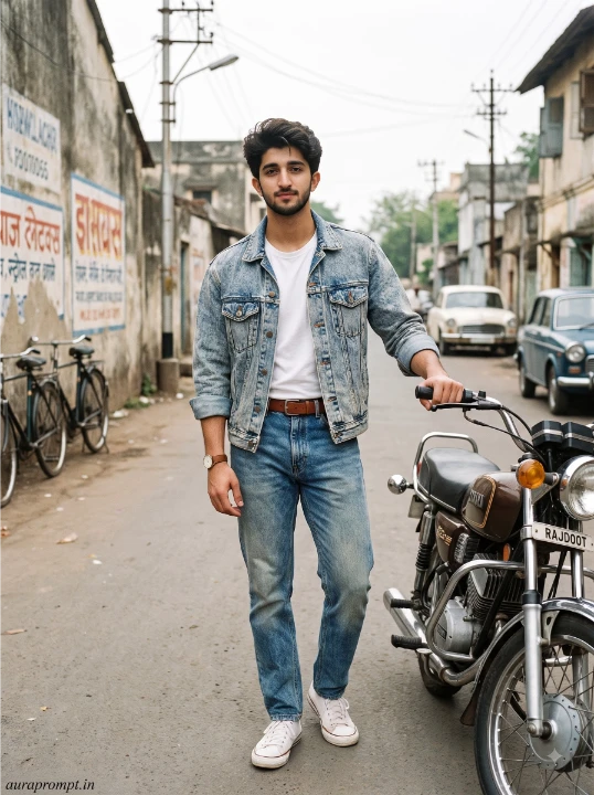 1980s vintage photo prompt showing a boy in an acid wash denim jacket standing beside a period correct motorcycle on a quiet Indian street