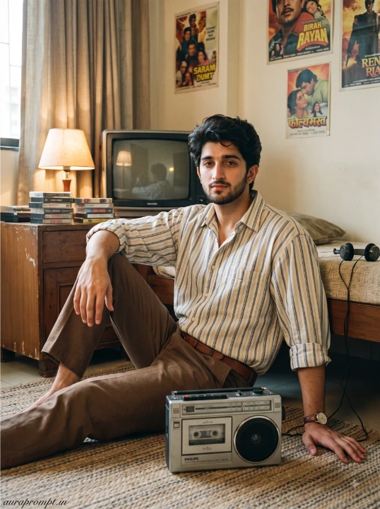 Retro AI photo editing prompt of a boy in an oversized striped shirt sitting on a rug beside a cassette player in a warm 1986 bedroom
