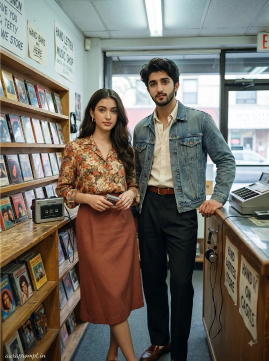 ChatGPT 80s photo prompt showing a couple standing shoulder to shoulder inside a small cassette music shop with wooden shelves and analog equipment