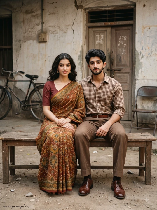 Instagram retro photo prompt of an Indian couple seated together on a wooden bench in a nostalgic 1988 courtyard with an old bicycle and wooden door
