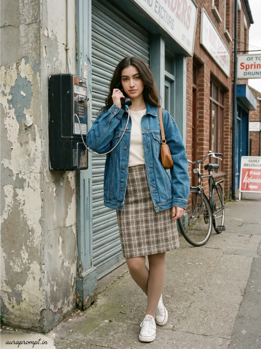 Vintage AI portrait prompt of a girl in an oversized denim jacket holding a public telephone receiver on an old urban shopping street in 1988