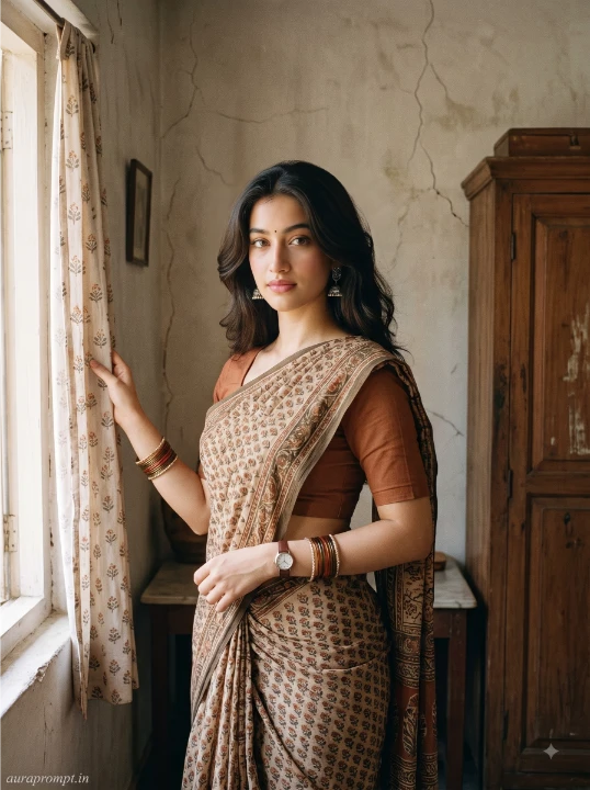 1980s vintage photo prompt of a girl in a printed cotton saree standing beside an old wooden window inside a nostalgic Indian home