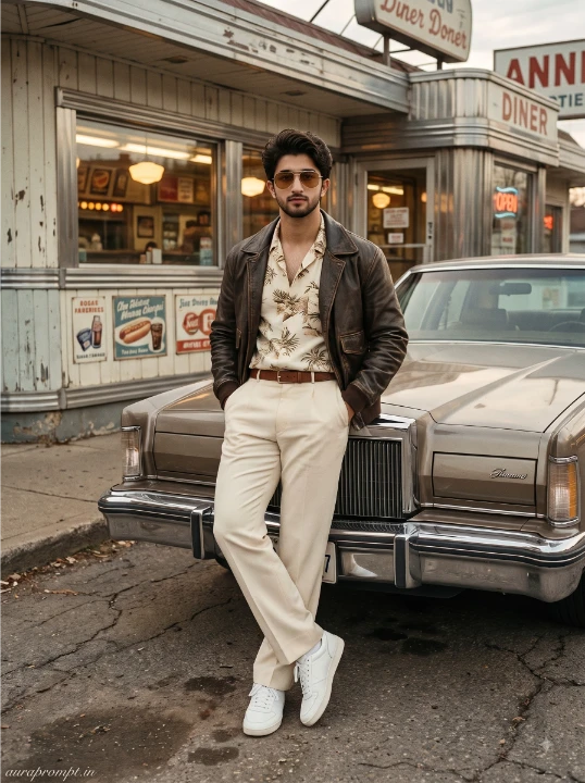 80s retro AI photo editing prompt of a man in a cream tropical shirt and dark brown leather jacket beside a glossy black vintage American sedan at a roadside diner