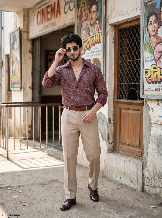 80s look AI photo editing prompt of a man in a printed burgundy shirt standing confidently outside an old Indian cinema entrance